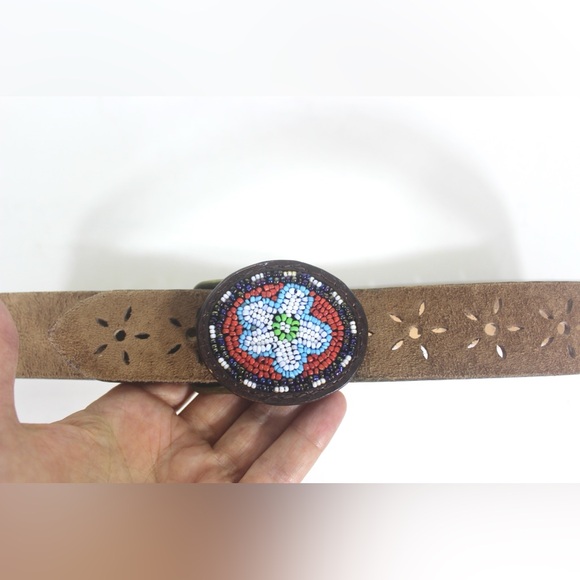 Pig Skin Suede Leather Belt with Floral Cutouts and Beaded Buckle - Picture 3 of 7